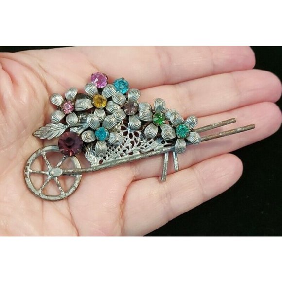 Vintage Garden Wheelbarrow w/Flowers Rhinestones Pin Brooch Costume 3.5" - Picture 10 of 10